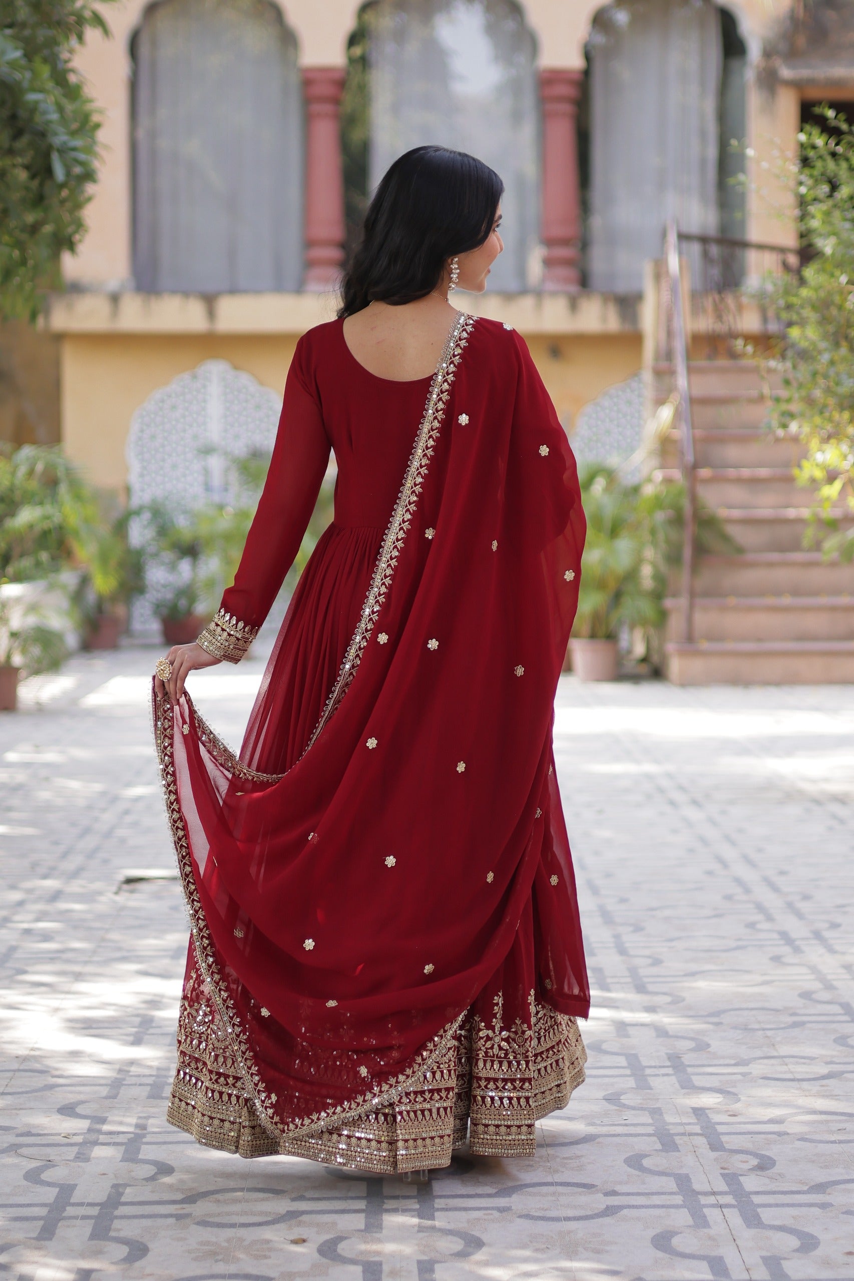 Laal Nargis Faux Blooming Gown with Dupatta