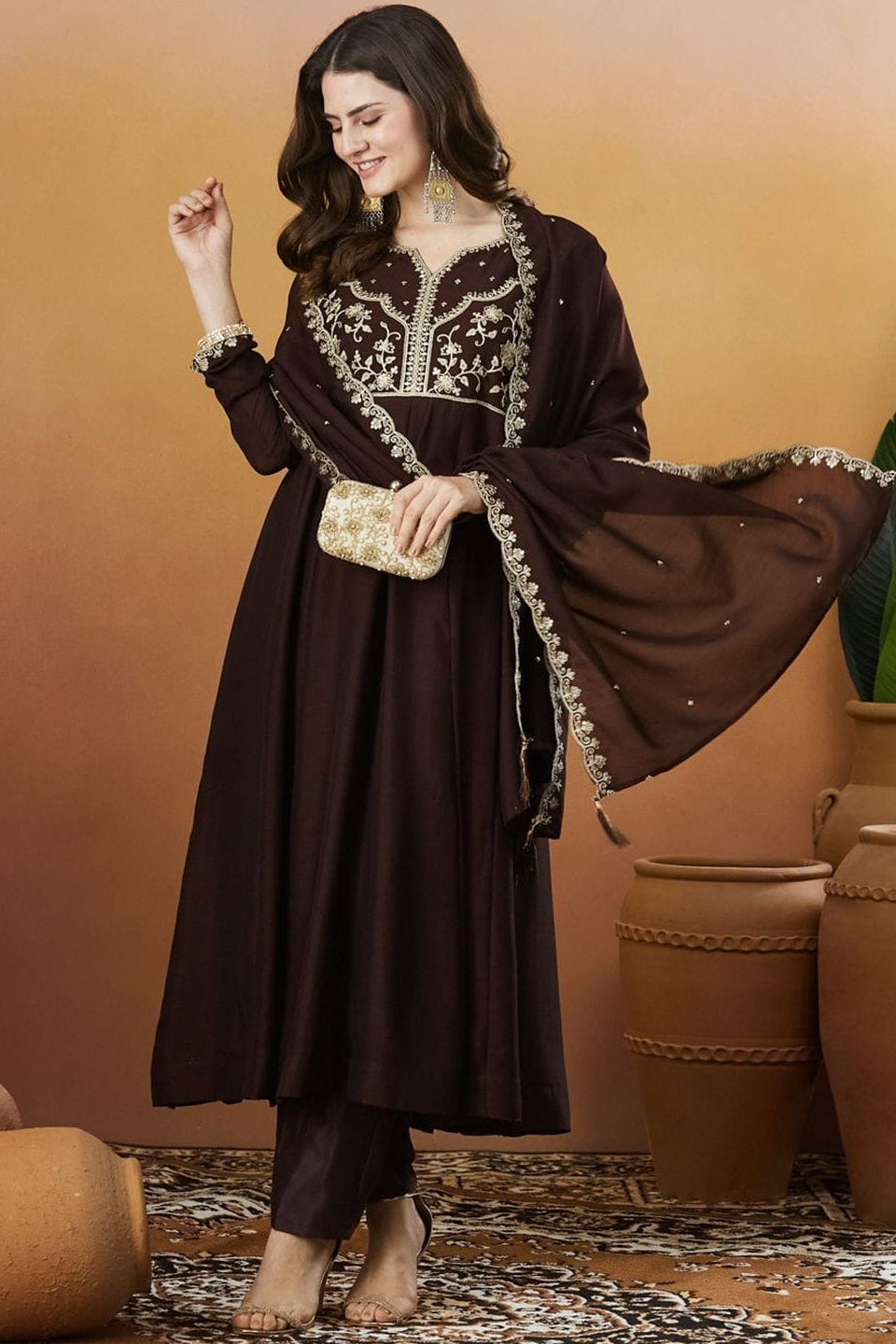 Kanika Brown Vichitra Silk Embroidered Kurta Set