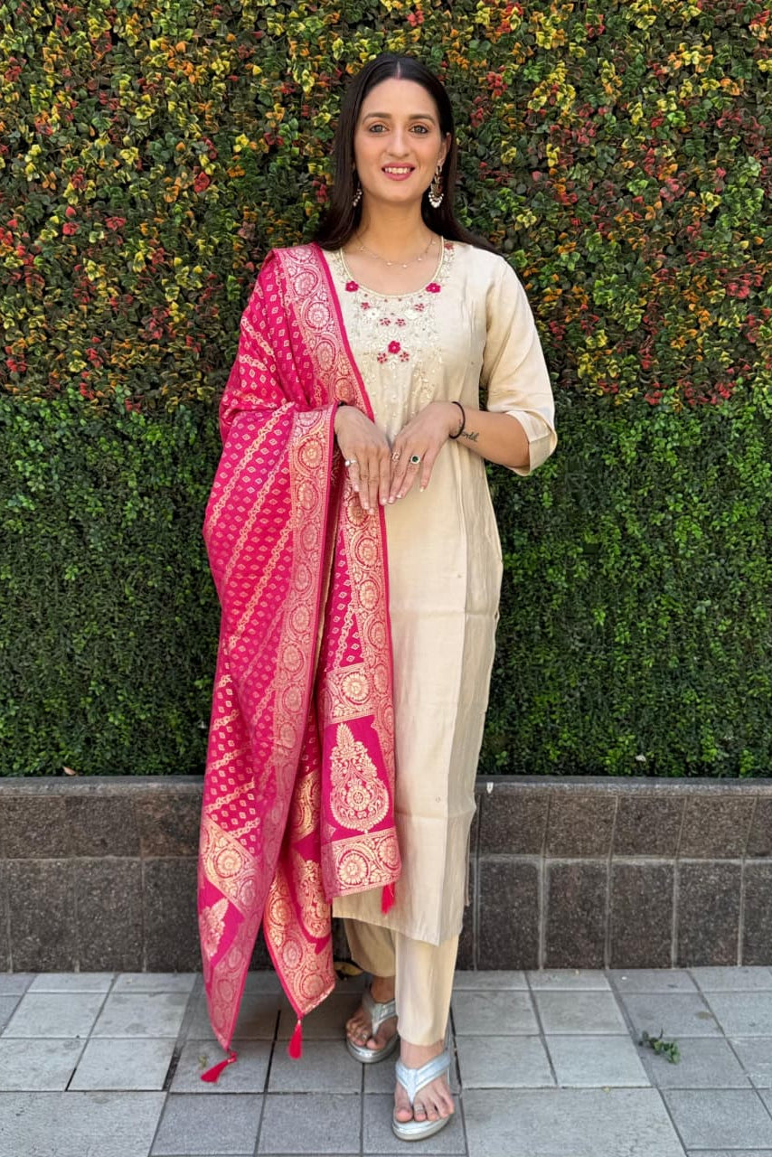 Beige Kohinoor Kurta Pant Dupatta Set
