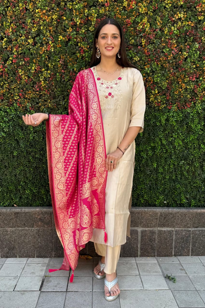 Beige Kohinoor Kurta Pant Dupatta Set