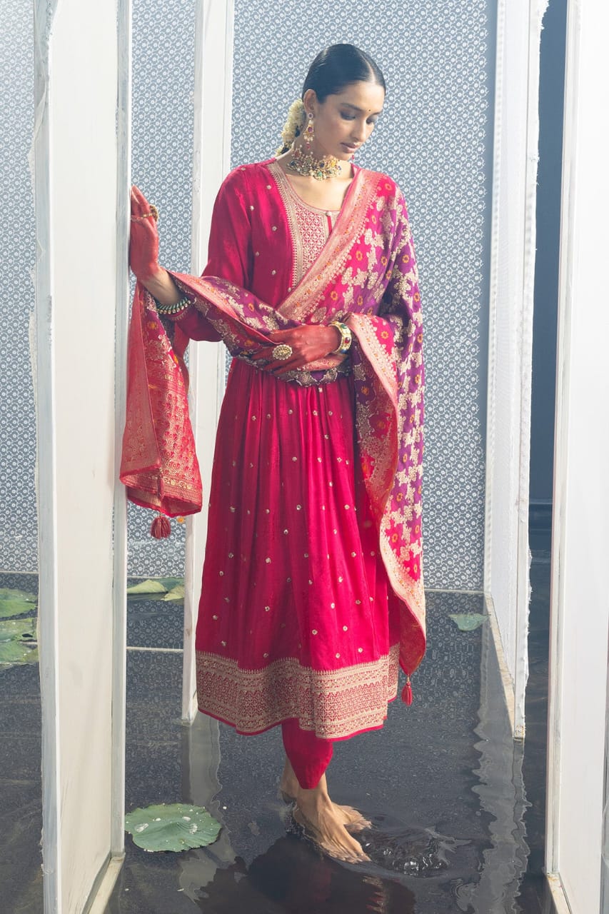 Dark Pink Noor-E-Chandni Anarkali Kurti Pant Dupatta Set