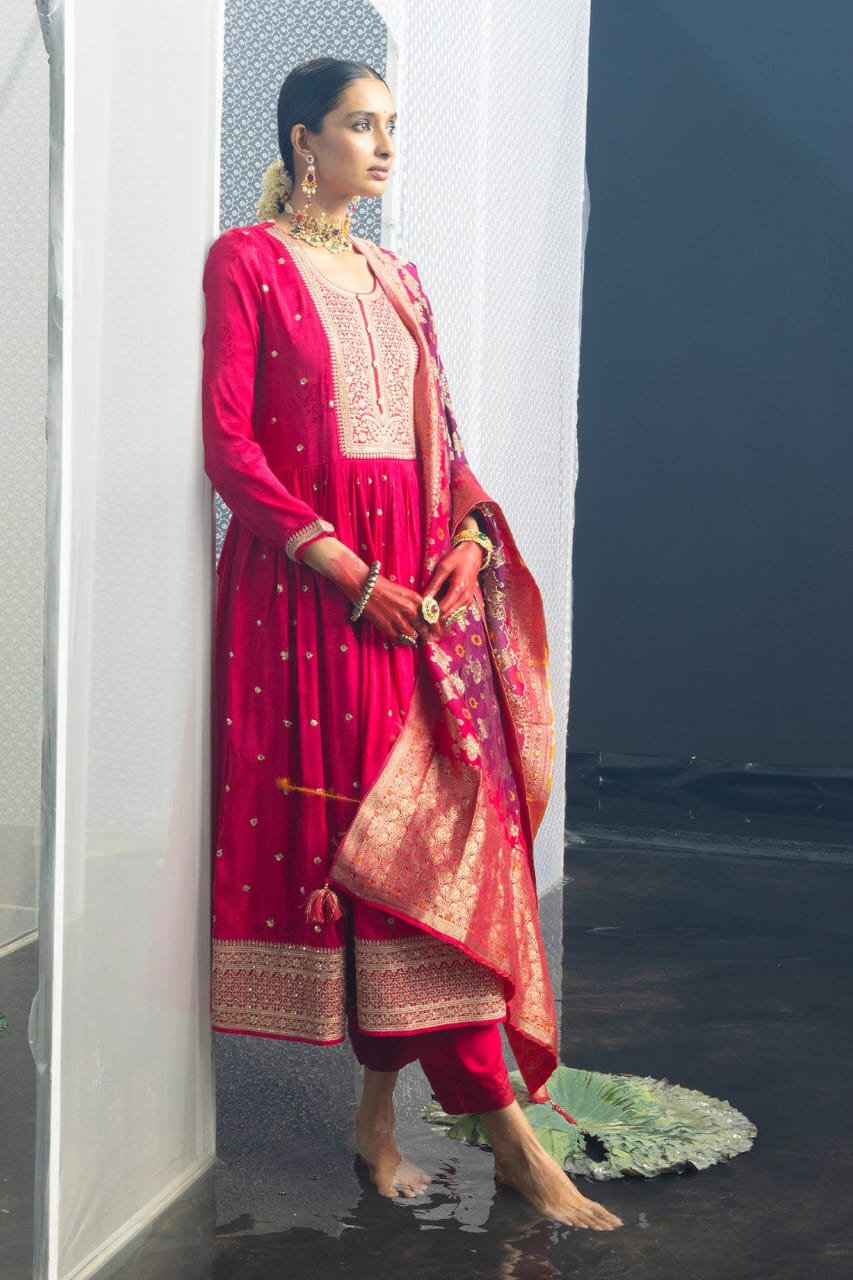 Dark Pink Noor-E-Chandni Anarkali Kurti Pant Dupatta Set