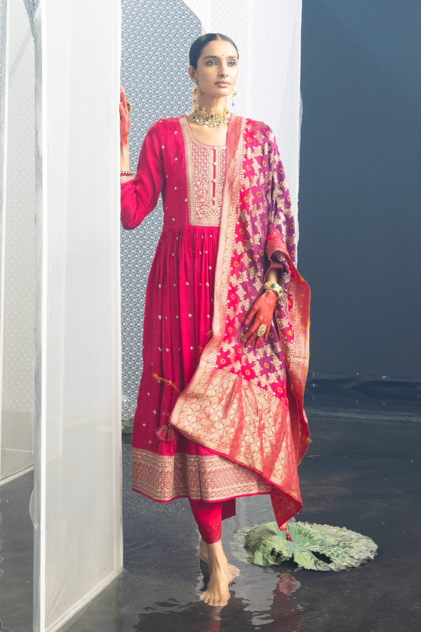 Dark Pink Noor-E-Chandni Anarkali Kurti Pant Dupatta Set