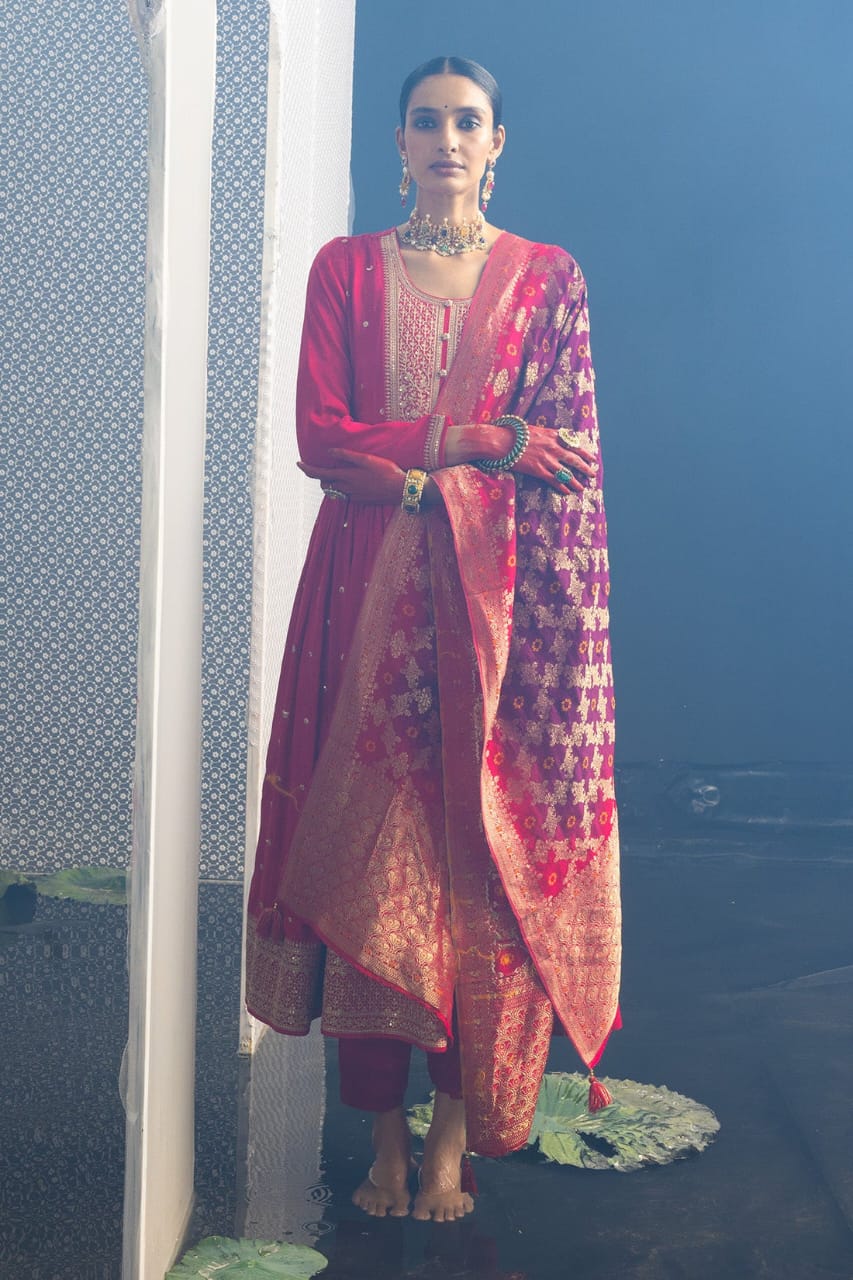 Dark Pink Noor-E-Chandni Anarkali Kurti Pant Dupatta Set