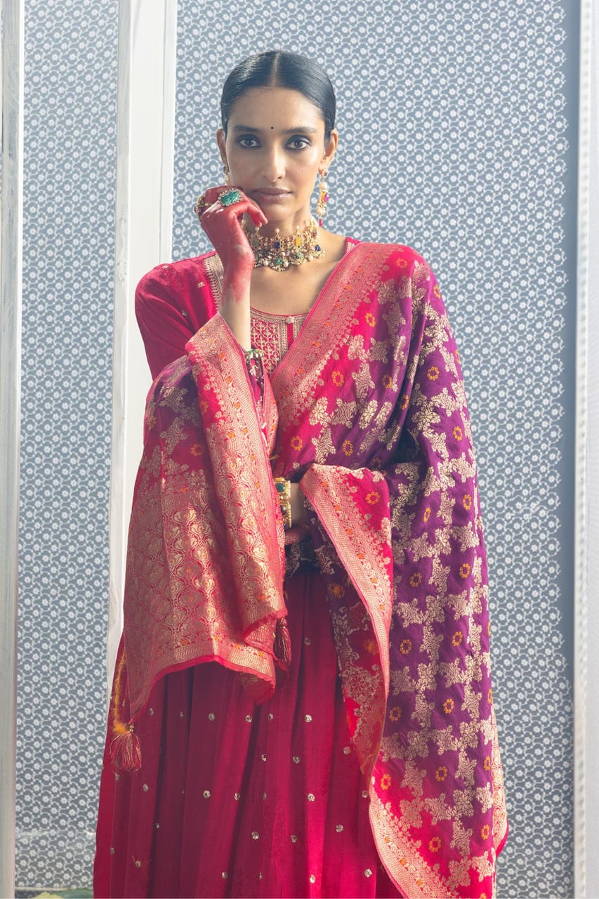 Dark Pink Noor-E-Chandni Anarkali Kurti Pant Dupatta Set