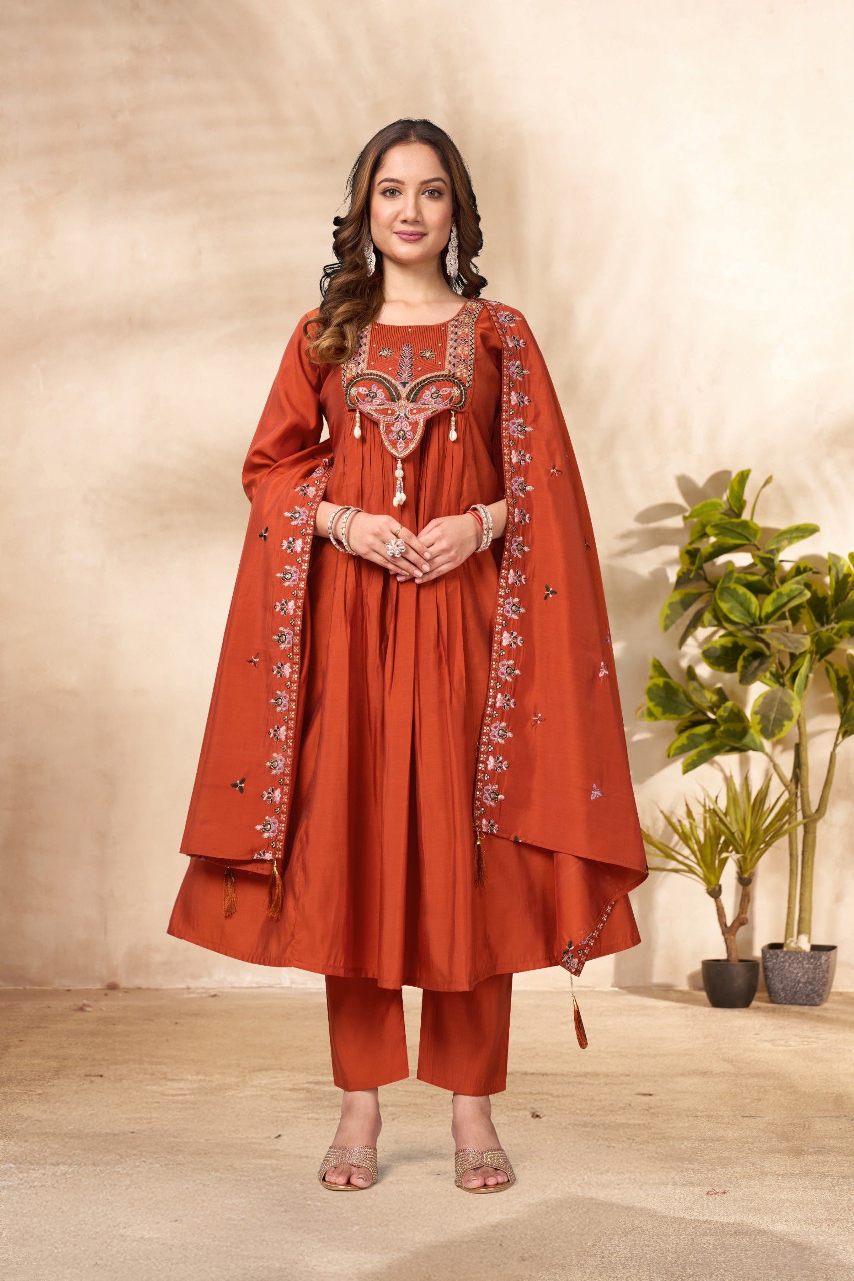 Premium Roman Silk Heavy Embroidered Anarkali Dupatta Set