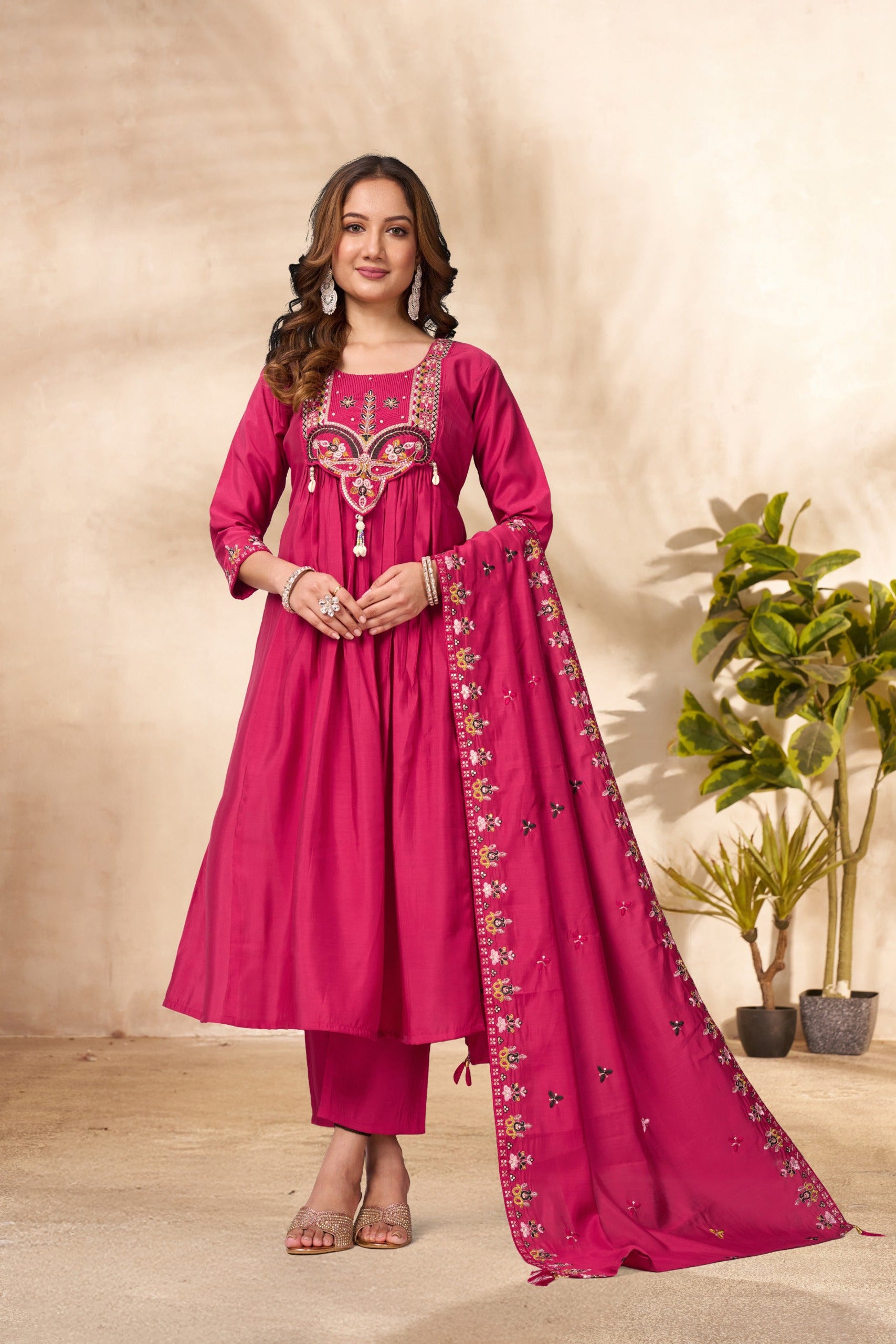 Premium Roman Silk Heavy Embroidered Anarkali Dupatta Set