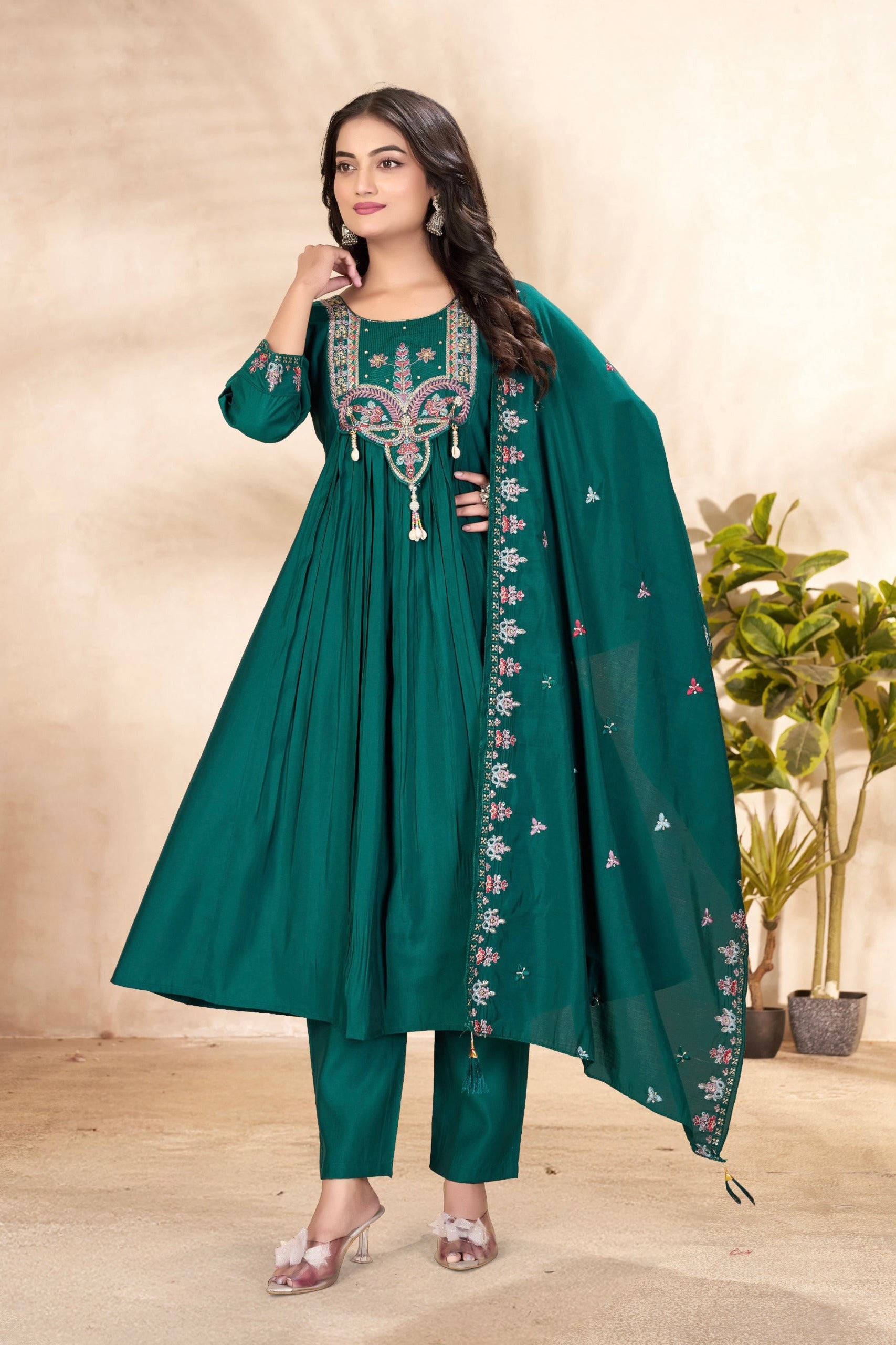 Premium Roman Silk Heavy Embroidered Anarkali Dupatta Set