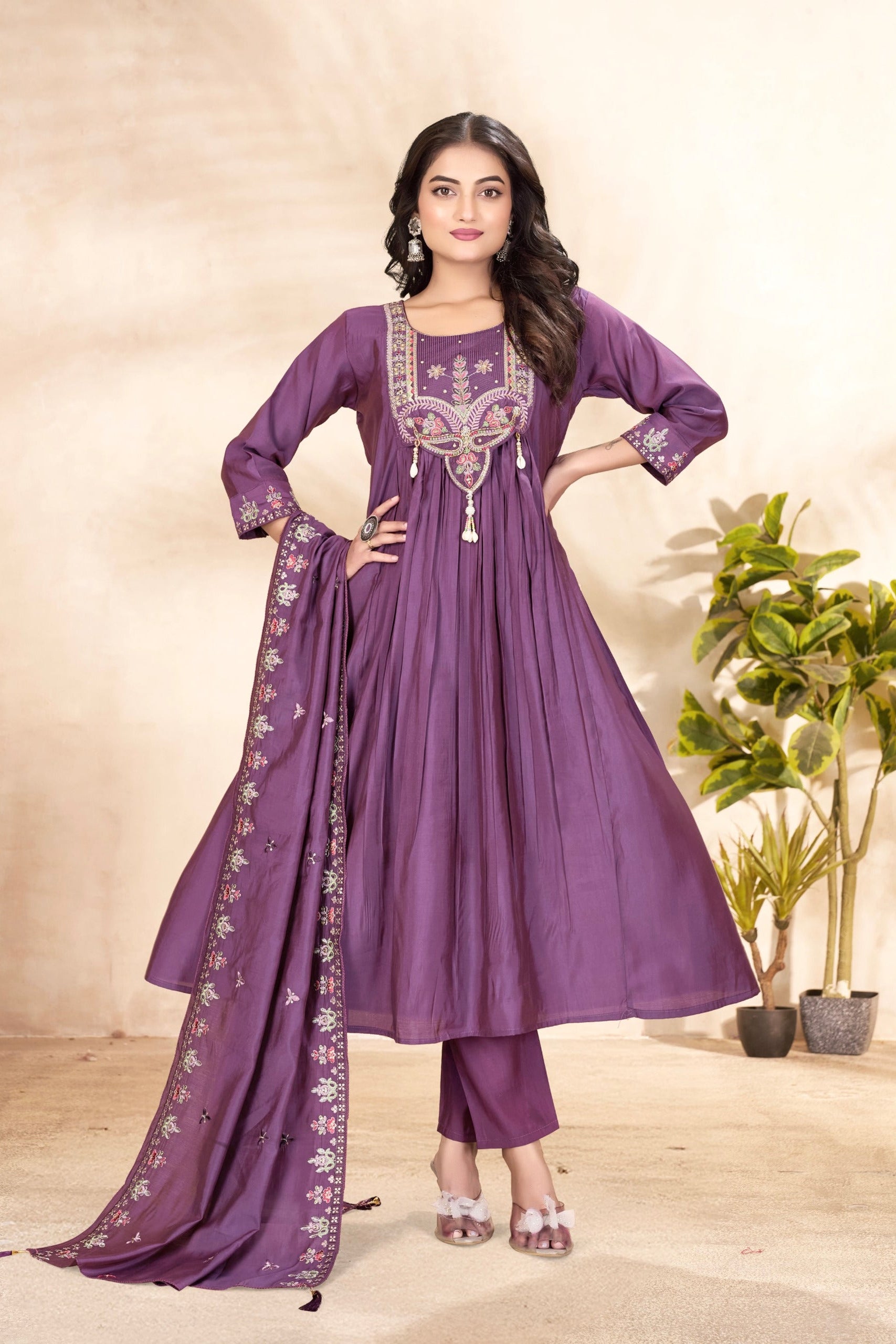 Premium Roman Silk Heavy Embroidered Anarkali Dupatta Set