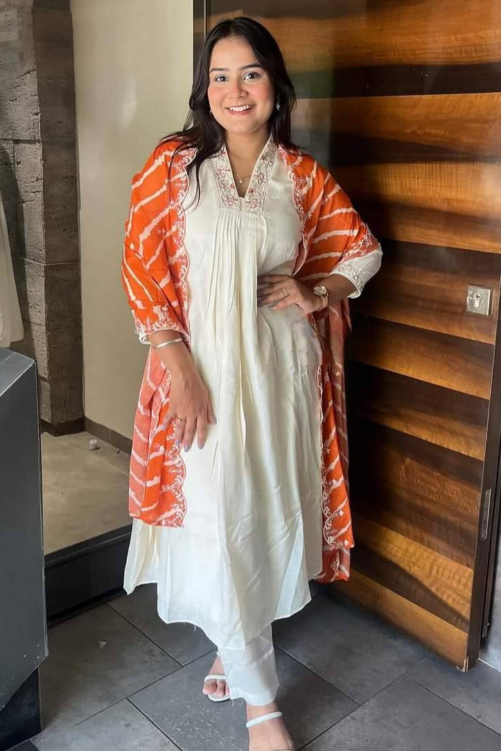 Naira White Chanderi Silk Embroidered Suit Set