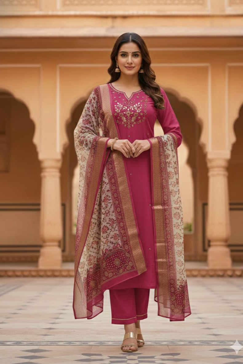 Aarvi Pink Roman Silk Kurti Pant Dupatta Set