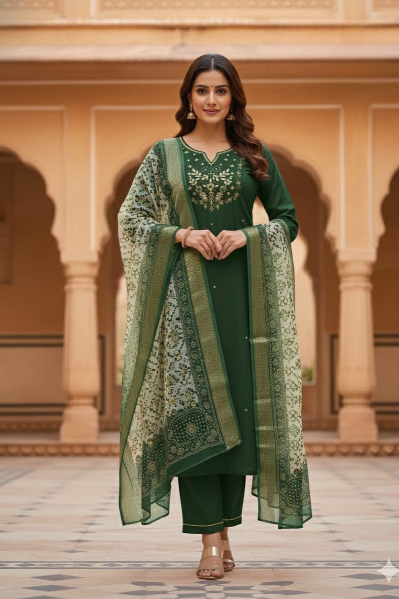 Aarvi Green Roman Silk Kurti Pant Dupatta Set