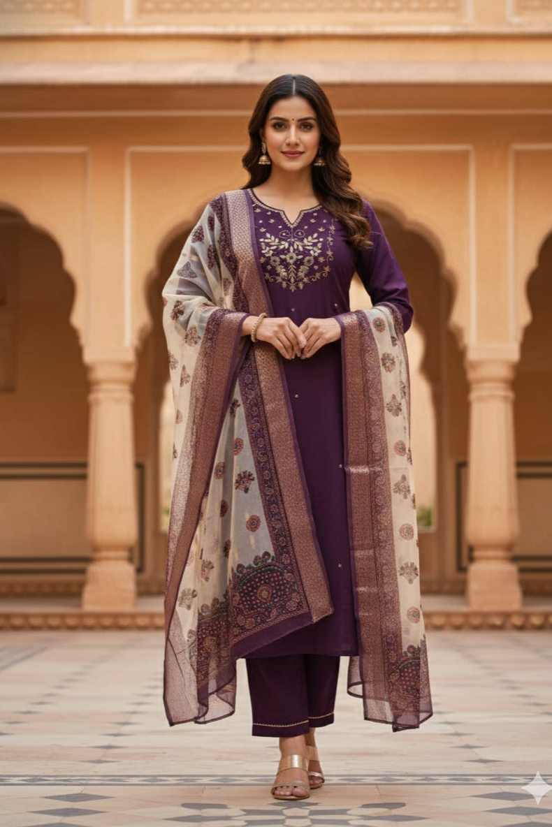 Aarvi Purple Roman Silk Kurti Pant Dupatta Set