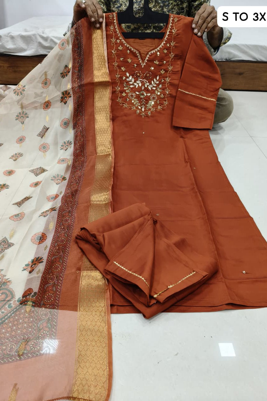 Aarvi Dark Orange Roman Silk Kurti Pant Dupatta Set