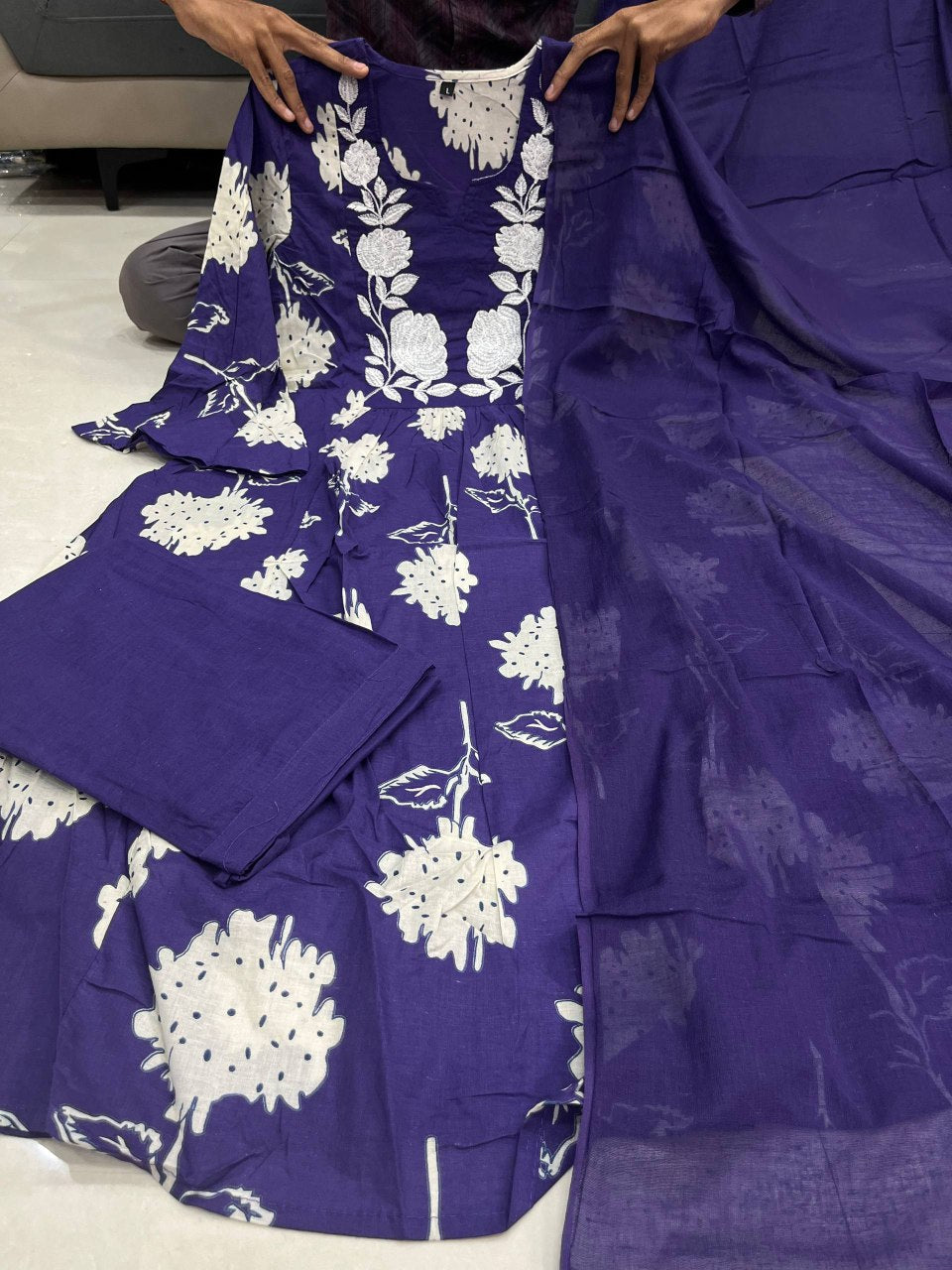 Purple Mul Cotton Floral Dupatta Set