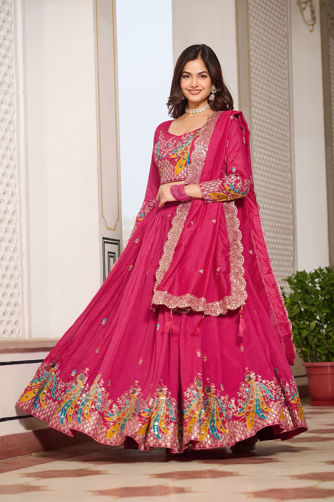 Dark Pink Rajwada Heavy Embroidery Lehenga Choli Set