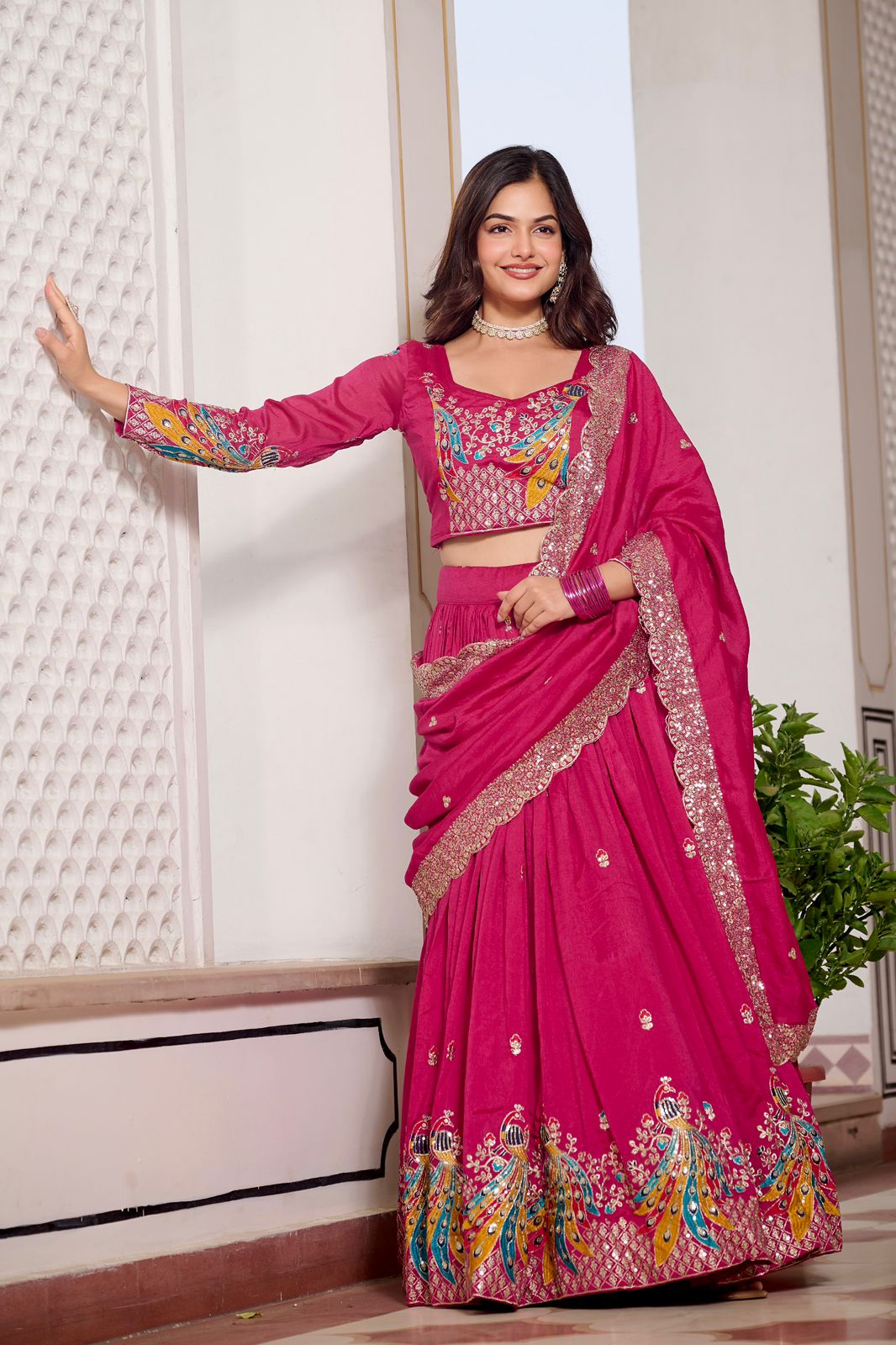 Dark Pink Rajwada Heavy Embroidery Lehenga Choli Set