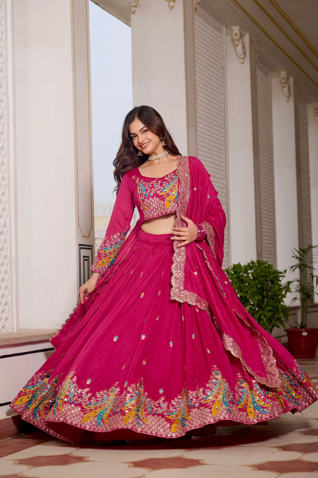 Dark Pink Rajwada Heavy Embroidery Lehenga Choli Set