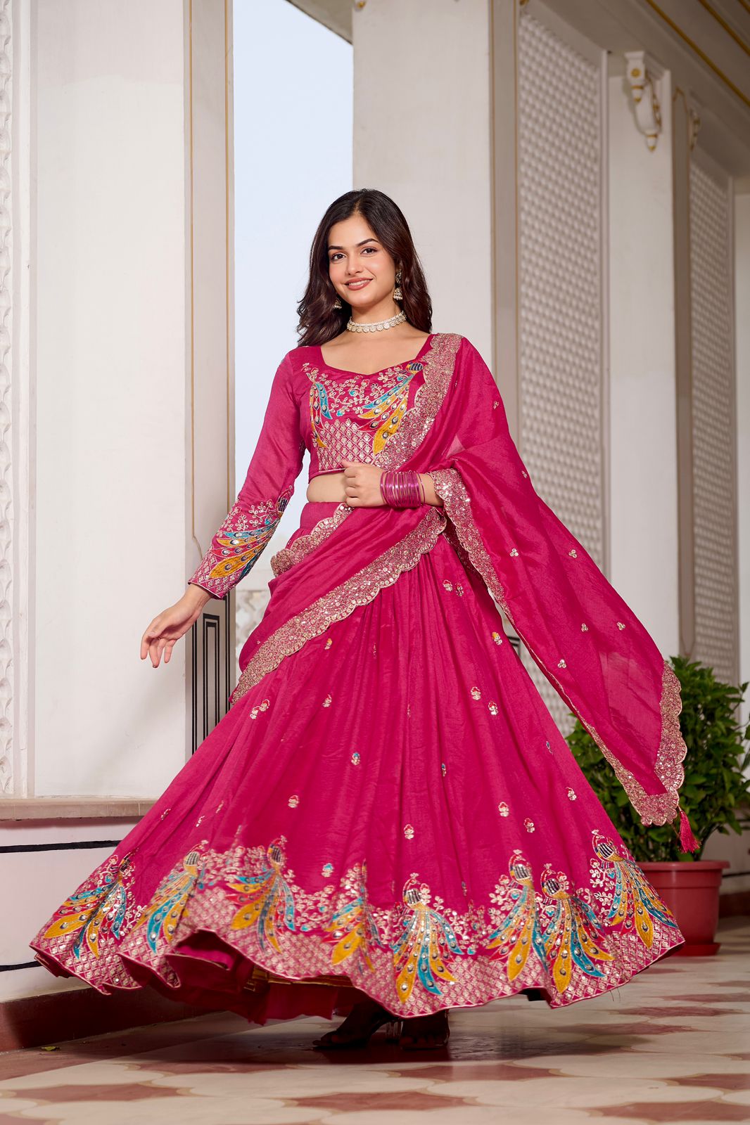 Dark Pink Rajwada Heavy Embroidery Lehenga Choli Set