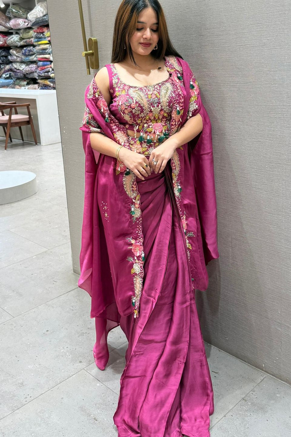 Gulnaar Pink Indo-Western Shrug Dhoti Set