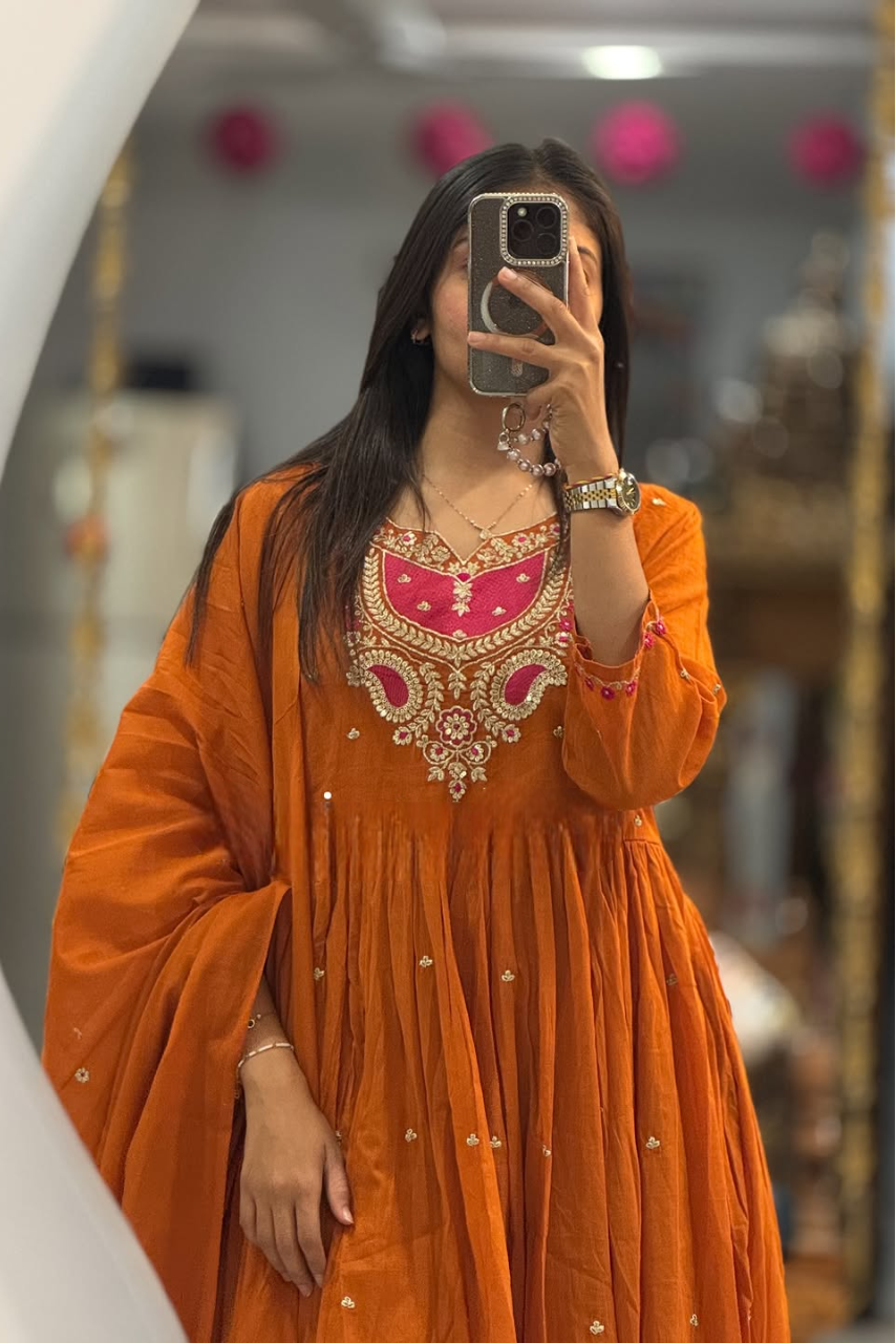 Kesariya Dhaara Pure Cotton Embroidered Suit Set