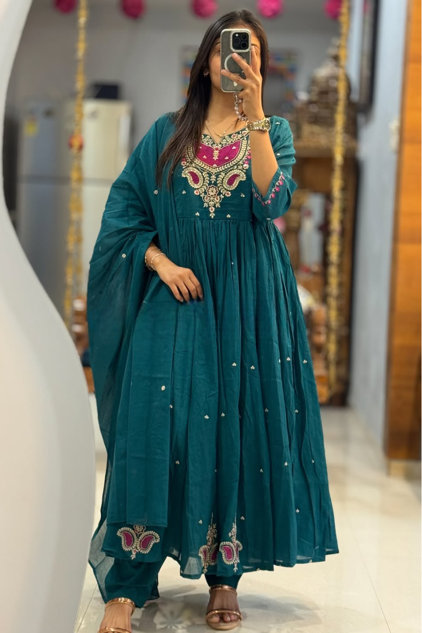 Kesariya Dhaara Pure Cotton Embroidered Suit Set