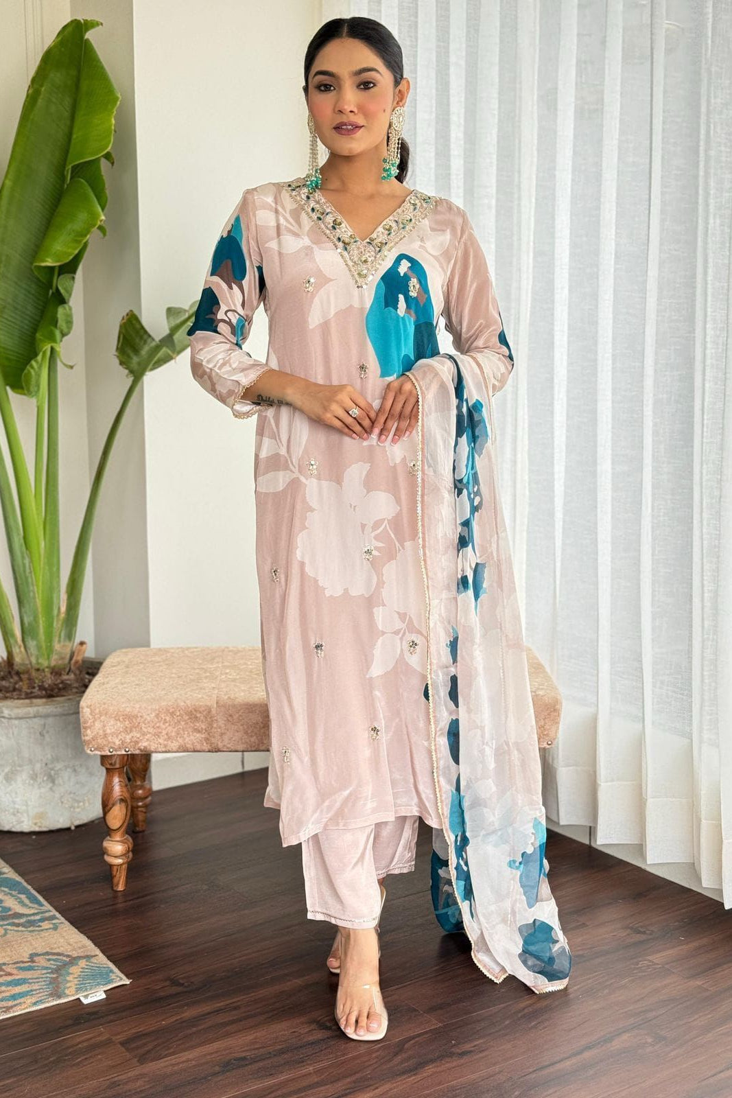 Peach Aarohi Muslin Silk Kurti Pant Dupatta Set