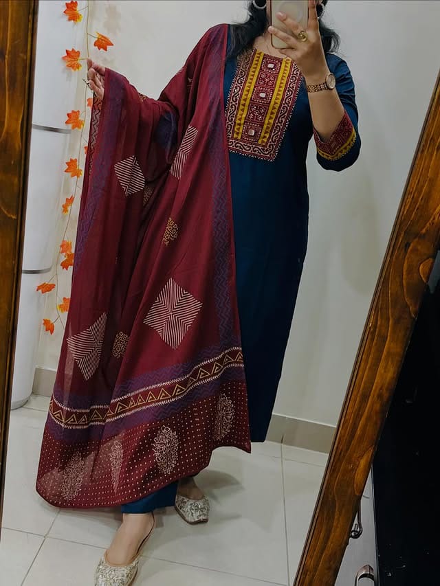 Haritva Handcrafted Pure Cotton Kurti Pant Dupatta Set