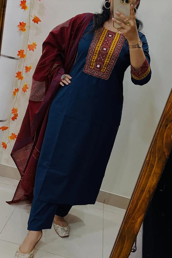 Haritva Handcrafted Pure Cotton Kurti Pant Dupatta Set