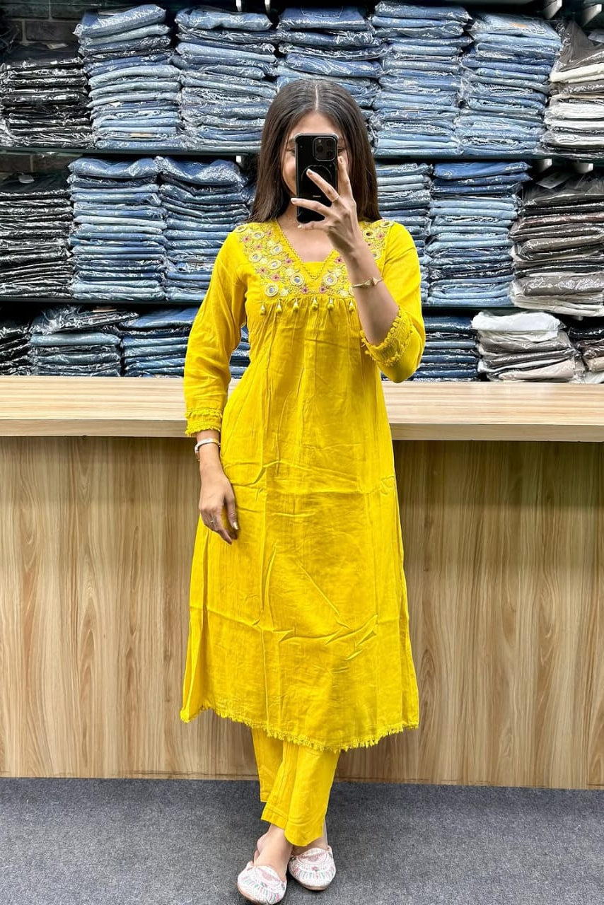 Gulnaar Yellow Cotton Anarkali Kurti Pant Dupatta Set