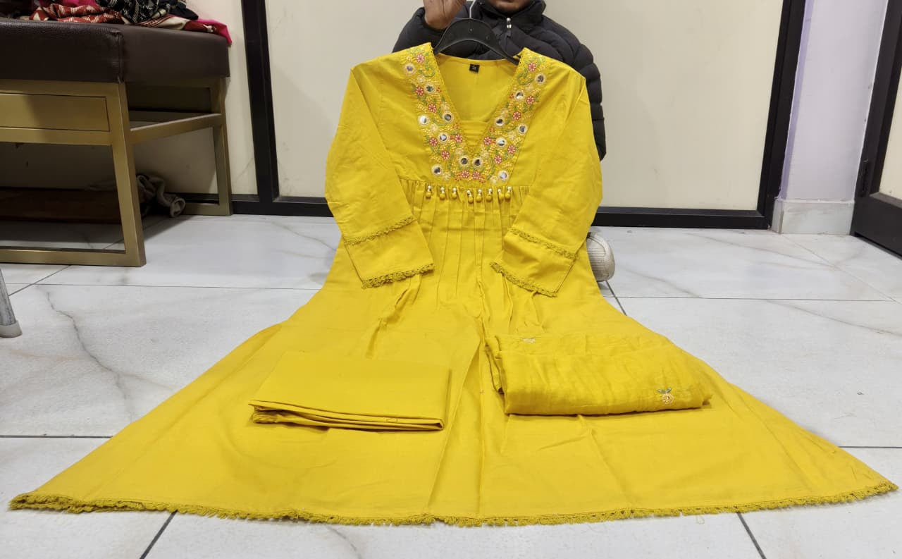 Gulnaar Yellow Cotton Anarkali Kurti Pant Dupatta Set