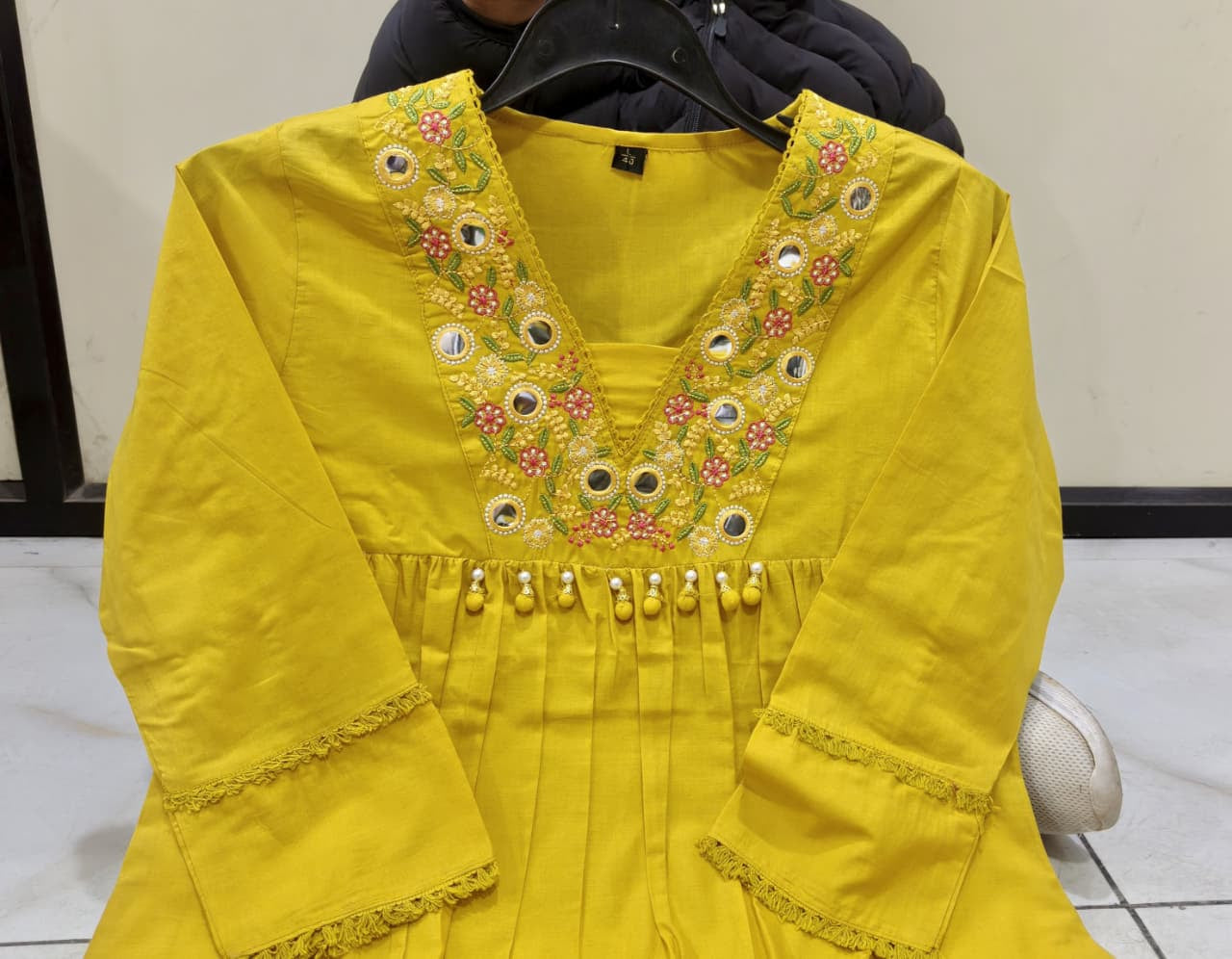 Gulnaar Yellow Cotton Anarkali Kurti Pant Dupatta Set