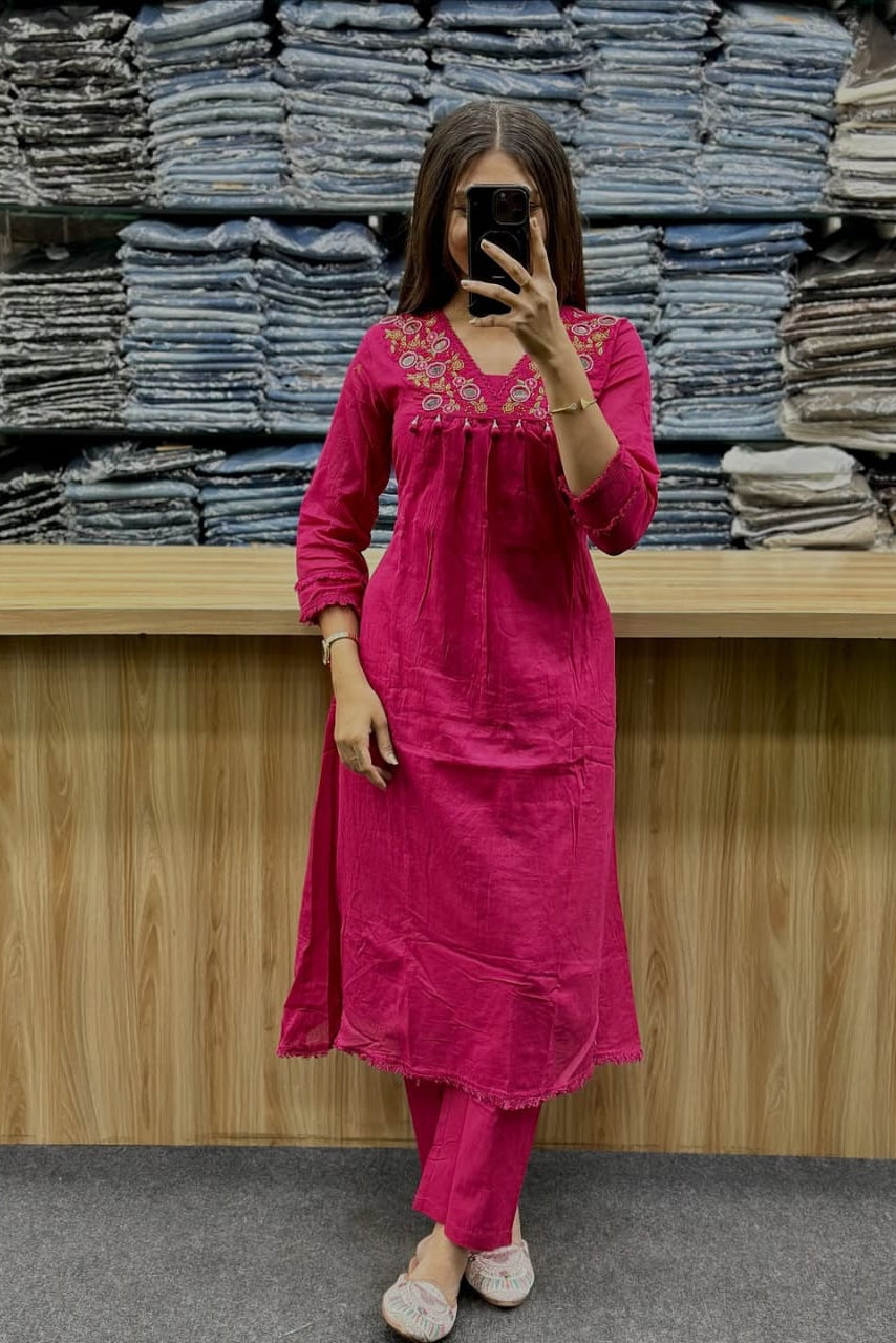 Gulnaar Pink Cotton Anarkali Kurti Pant Dupatta Set