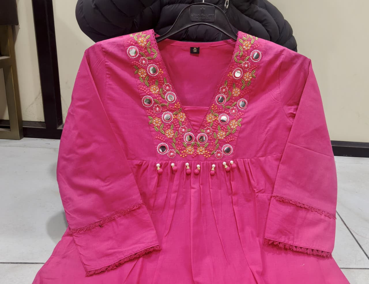 Gulnaar Pink Cotton Anarkali Kurti Pant Dupatta Set