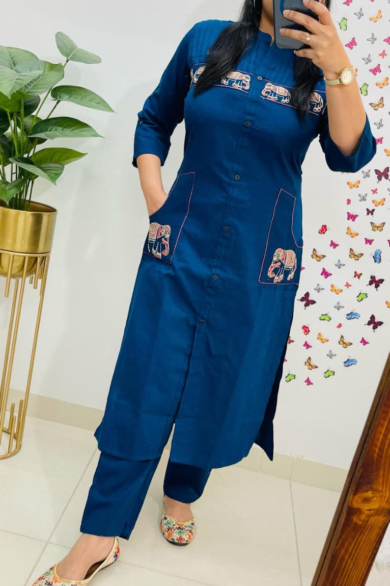 Karmika Blue Cotton Embroidered Kurti Pant Set