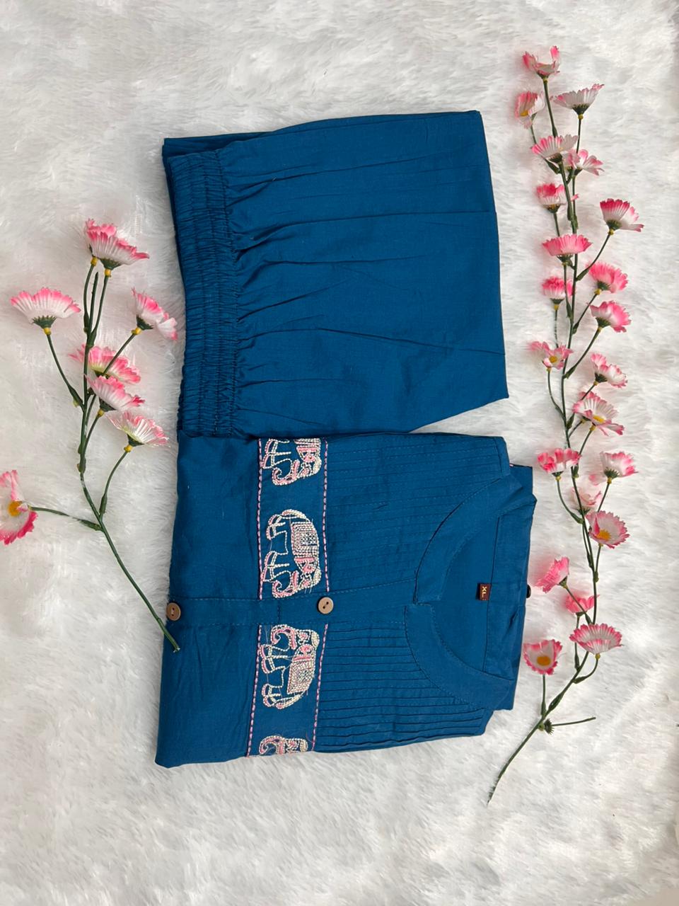 Karmika Blue Cotton Embroidered Kurti Pant Set