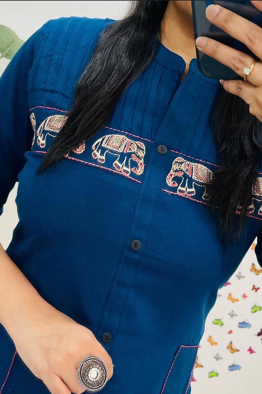 Karmika Blue Cotton Embroidered Kurti Pant Set