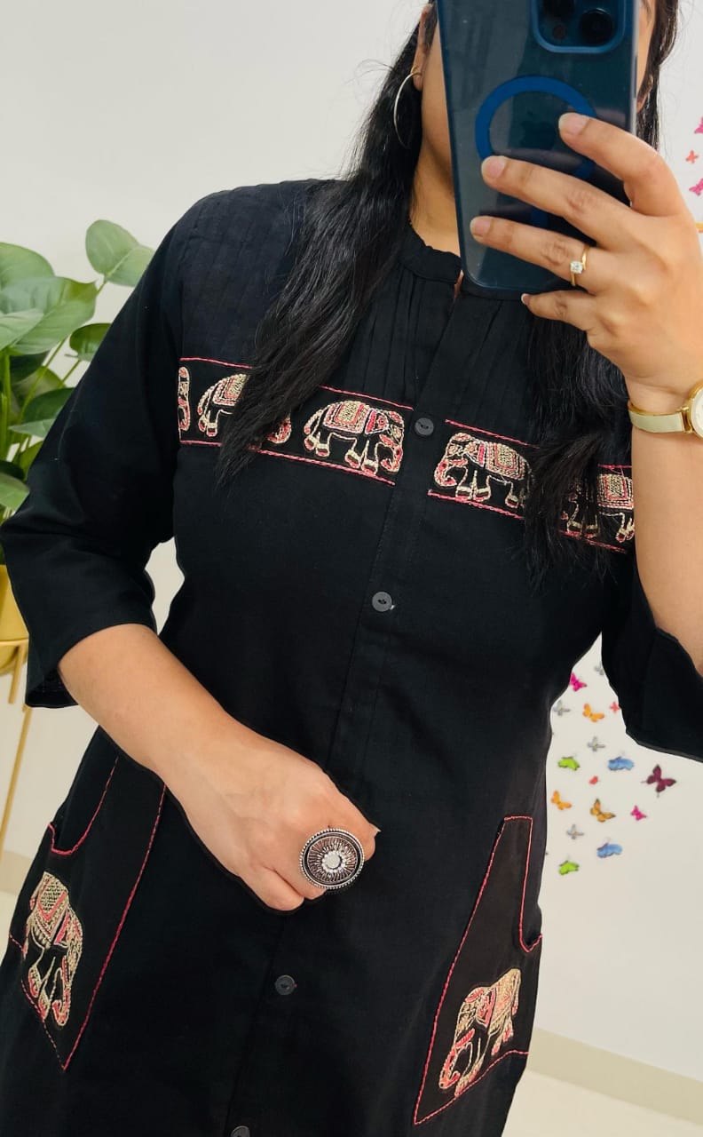 Karmika Black Cotton Embroidered Kurti Pant Set