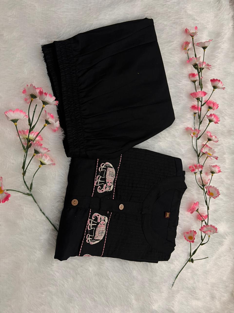Karmika Black Cotton Embroidered Kurti Pant Set