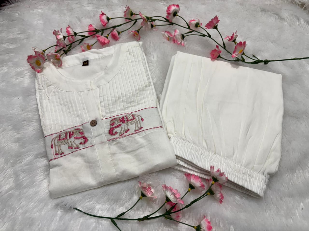 Karmika White Cotton Embroidered Kurti Pant Set