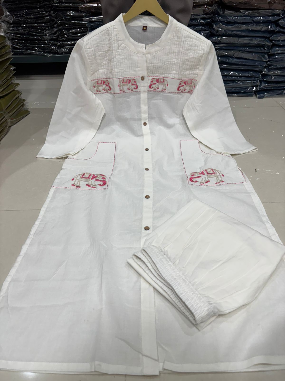 Karmika White Cotton Embroidered Kurti Pant Set