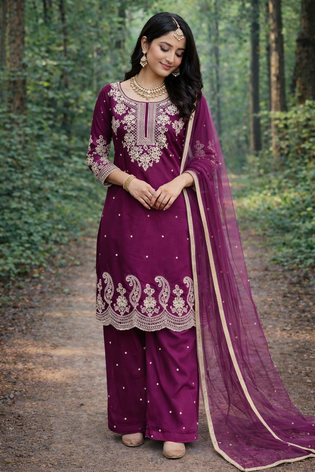Wine Vamika GMY Silk Embroidered Plazzo Dupatta Set