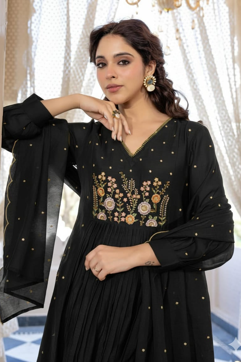 Zariya Black Embroidered Anarkali Cotton Suit Set