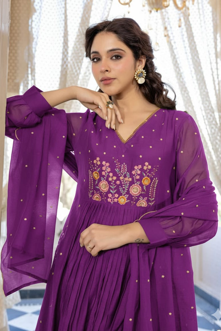 Zariya Purple Embroidered Anarkali Cotton Suit Set