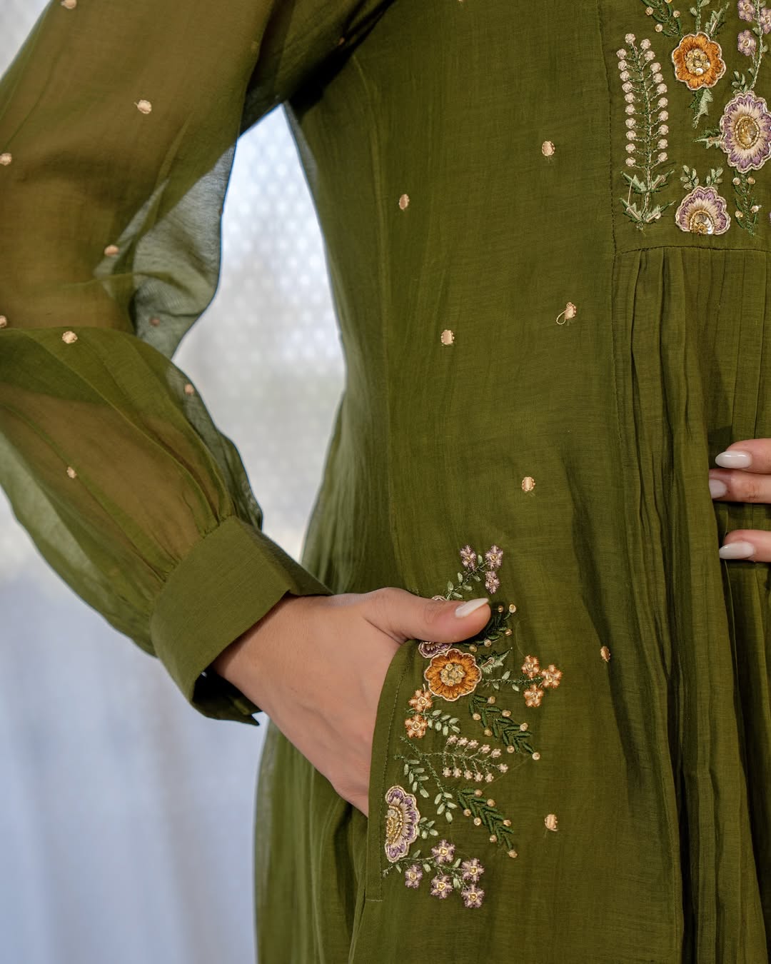 Zariya Mehendi Embroidered Anarkali Cotton Suit Set