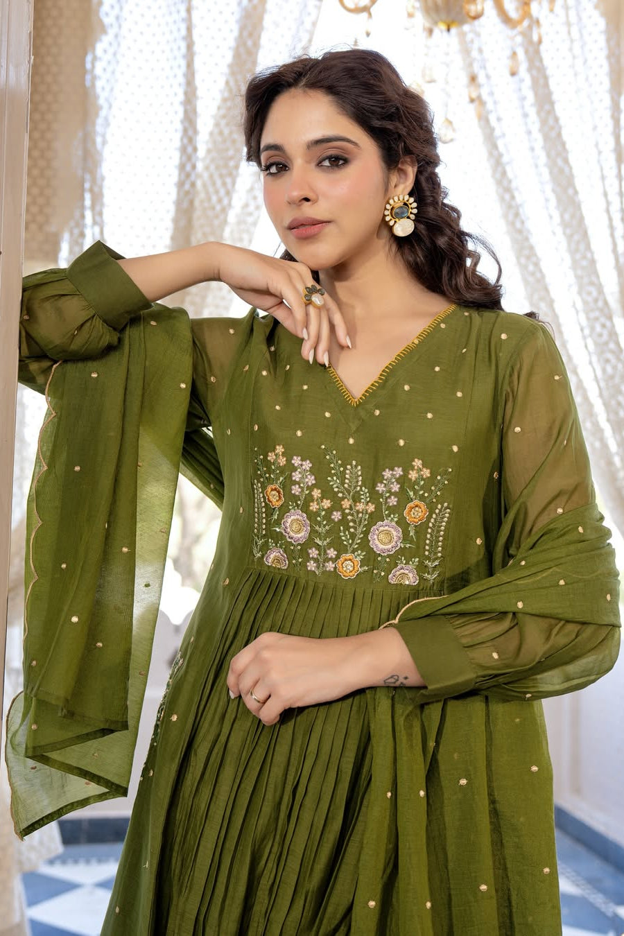 Zariya Mehendi Embroidered Anarkali Cotton Suit Set