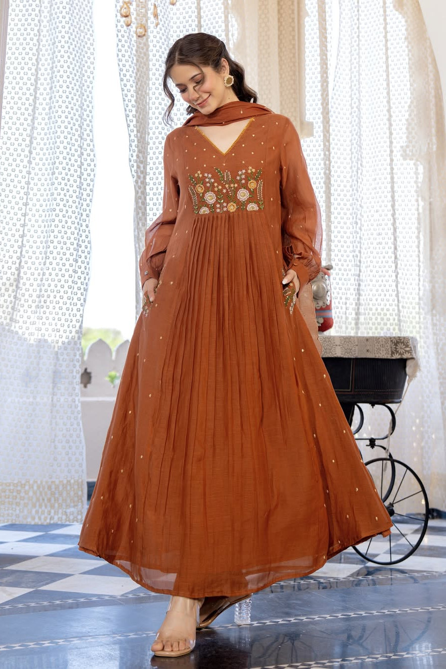 Zariya orange Embroidered Anarkali Cotton Suit Set