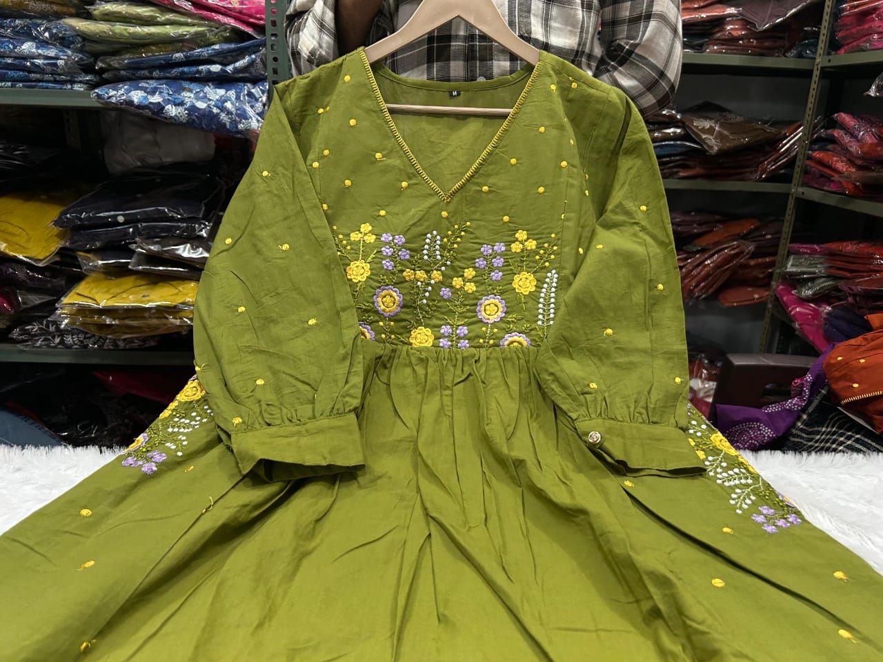Zariya Mehendi Embroidered Anarkali Cotton Suit Set