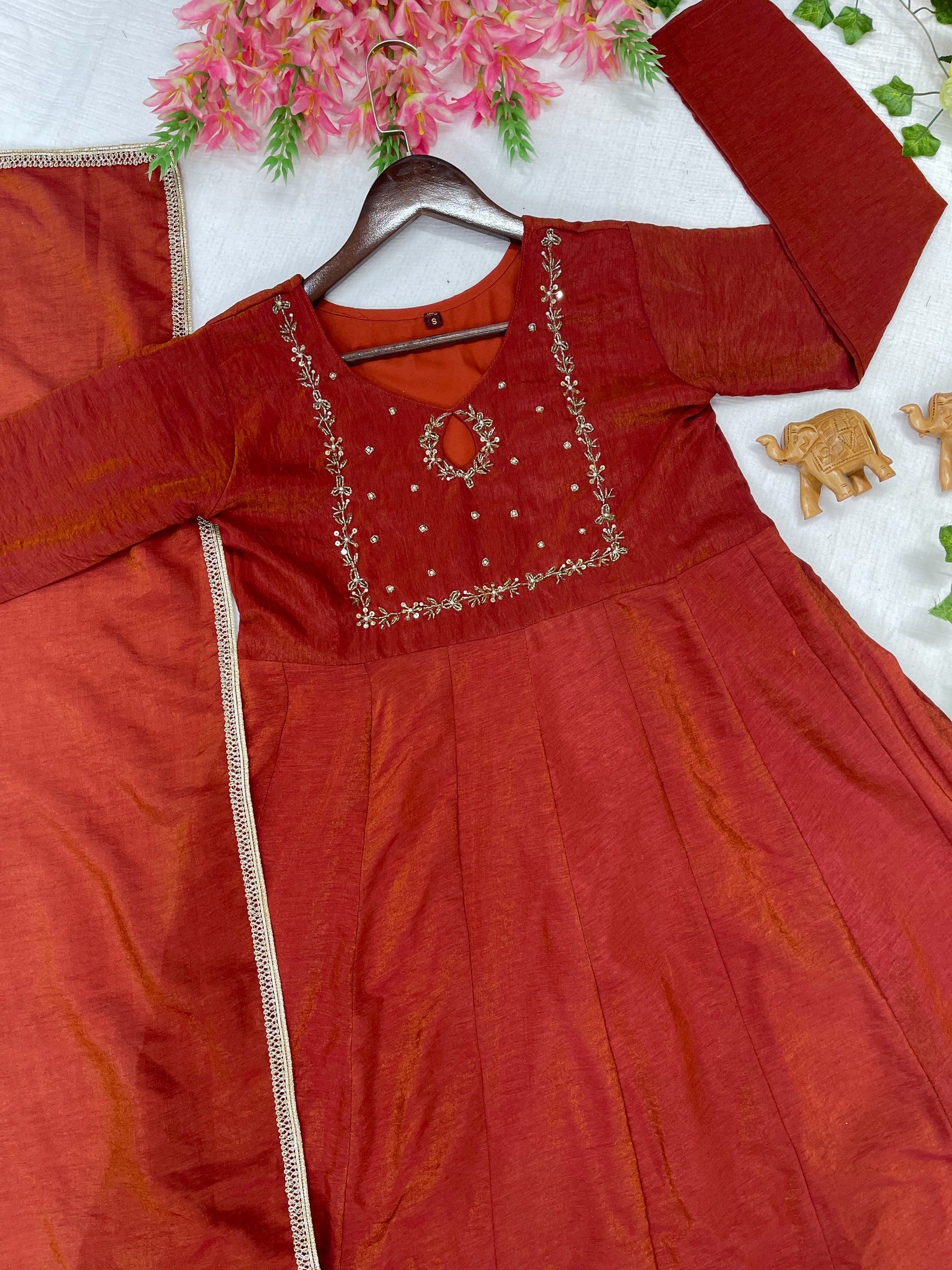 Dark Orange Khatli Vichitra Silk Gown Set