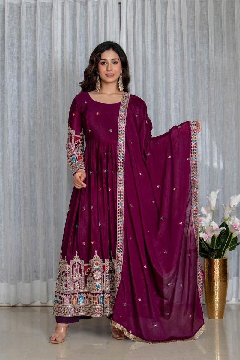 Royal Chinon Silk Embroidered Gown Set-Wine